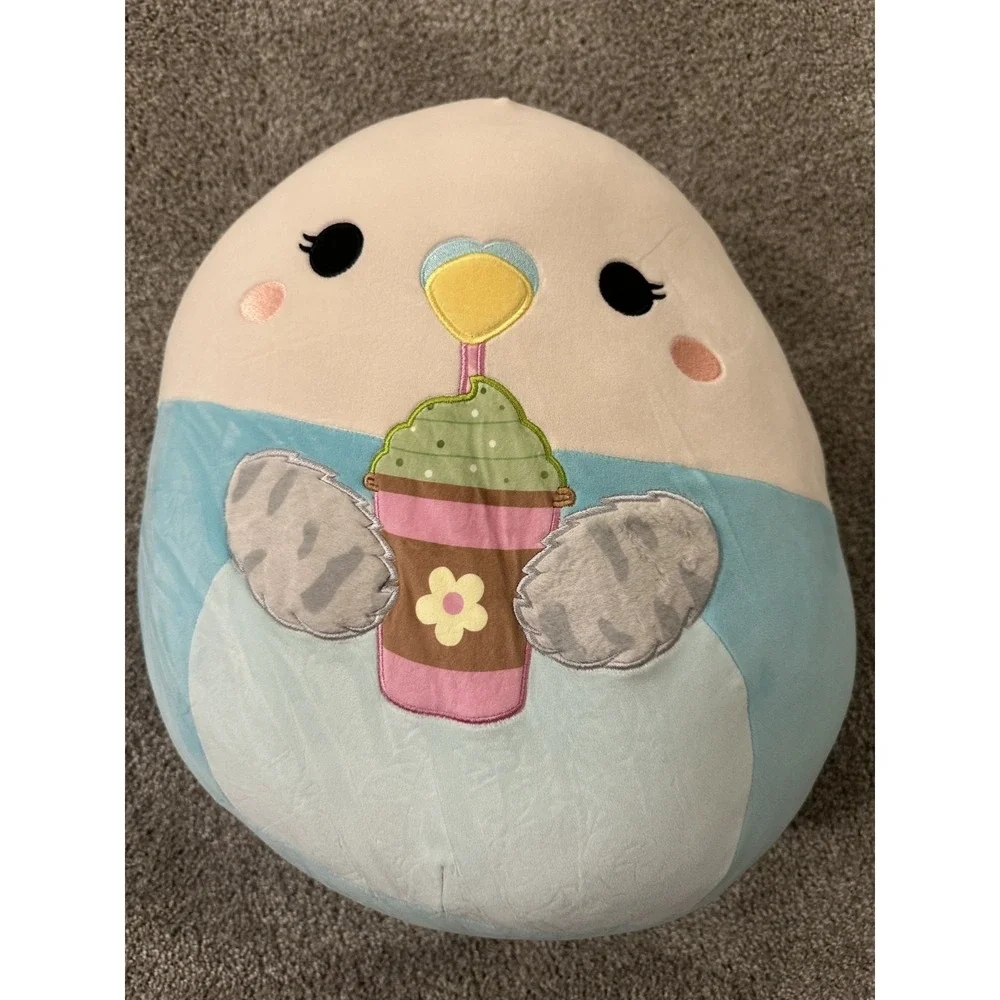 Squishmallows Tycho the Parakeet 16 Inch Blue Bird Plush with Latte Drink NWT